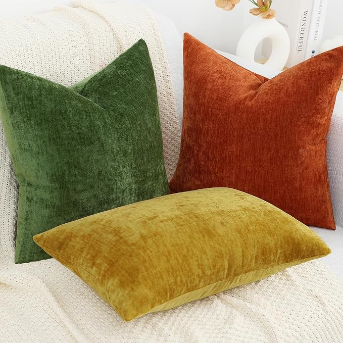decorUhome Soft Chenille Moss Green Throw Pillow Covers 20X20 Set of 2 | Decorative Fall Couch Pillow Covers Solid Dyed Accent Modern Farmhouse Neutral Square Pillow Cases for Sofa