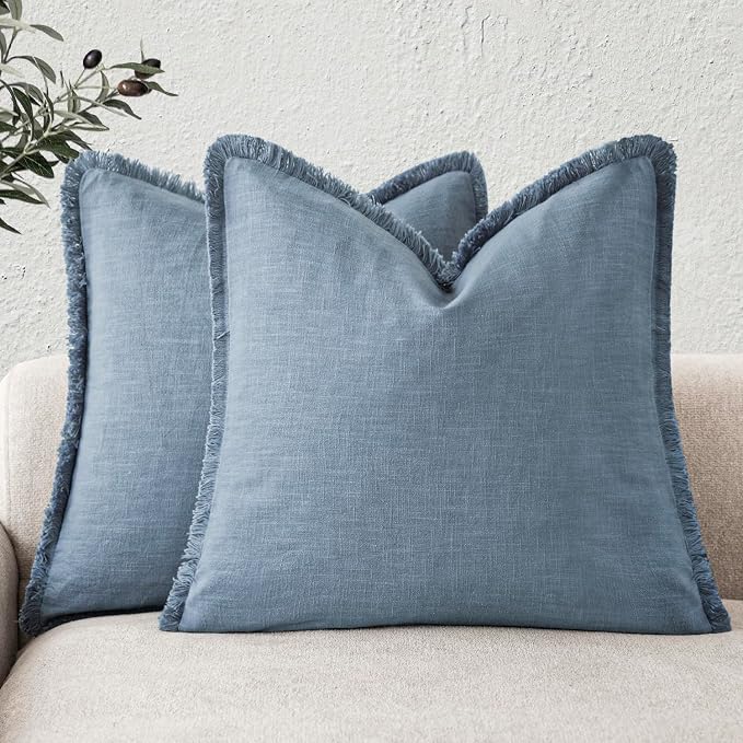 Foindtower Set of 2 Decorative Linen Fringe Throw Pillow Covers Cozy Boho Farmhouse Cushion Cover with Tassels Soft Accent Pillowcase for Couch Sofa Bed Living Room Home Decor, 16×16 Inch, Misty Blue