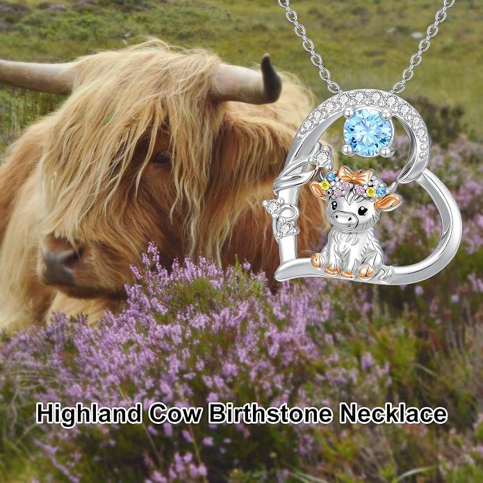 Highland Cow Gifts for Women 925 Sterling Silver Highland Cow Birthstone Necklace Fluffy Cow Jewelry Gifts Birthday Christmas