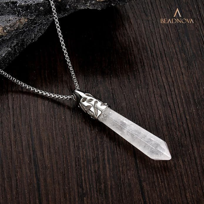 BEADNOVA Healing Crystal Necklace for Women Men White Quartz Pendant Energy Healing Gemstones Jewelry Pendulum Crystal Divination (Hexagonal, 18 Inches Stainless Steel Chain)