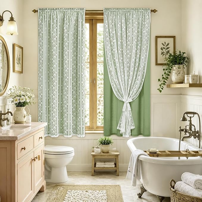 ASPMIZ Linen Curtains for Living Room Double Layer Curtains with Linen Lace, Sage Green Curtain for Bedroom Light Filtering, Rod Pocket Drapes 63 Inch Length 2 Panels Set with 2 Tiebacks, 52x63