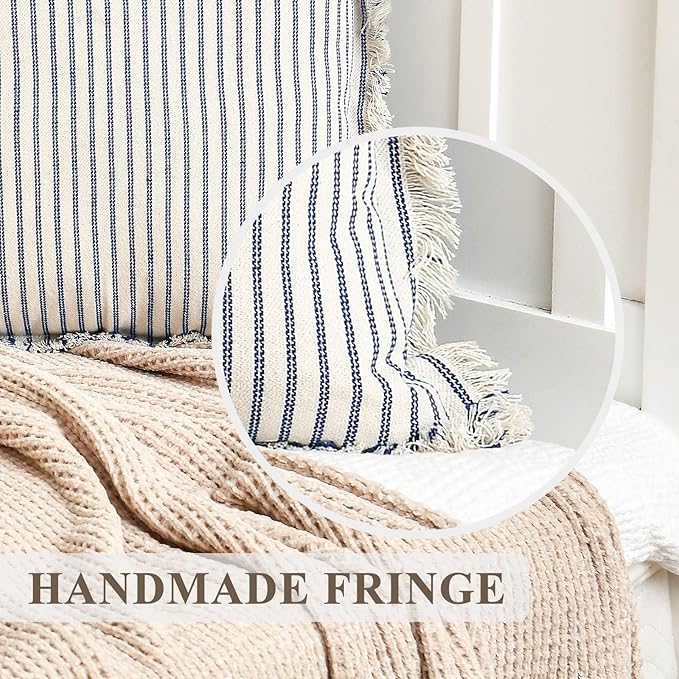 ZWJD Throw Pillow Covers 22x22 Set of 2 Striped Pillow Covers with Fringe Chic Cotton Decorative Pillows Square Cushion Covers for Sofa Couch Bed Living Room Farmhouse Decor, (Gray)