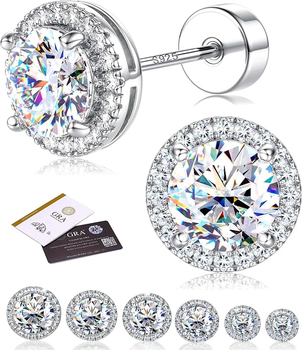 Moissanite Stud Earrings with Flat Back - 925 Sterling Silver D Color VVS1 Moissanite Earring for Women Men,14K White Gold Plated Brilliant Halo Stud Earrings Hypoallergenic Jewelry for Sensitive Ear