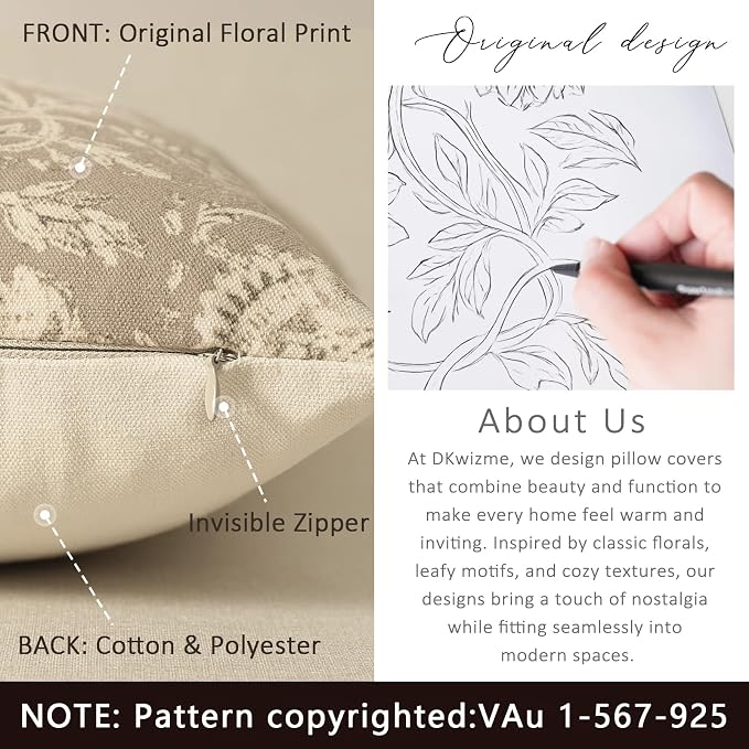 Vintage Floral Print Throw Pillow Covers 22x22 Set of 2 Neutral Modern Farmhouse Pillowcases Accent Decorative Cushion Covers Boho Home Decor for Couch Sofa Chair Bed Living Room, Latte
