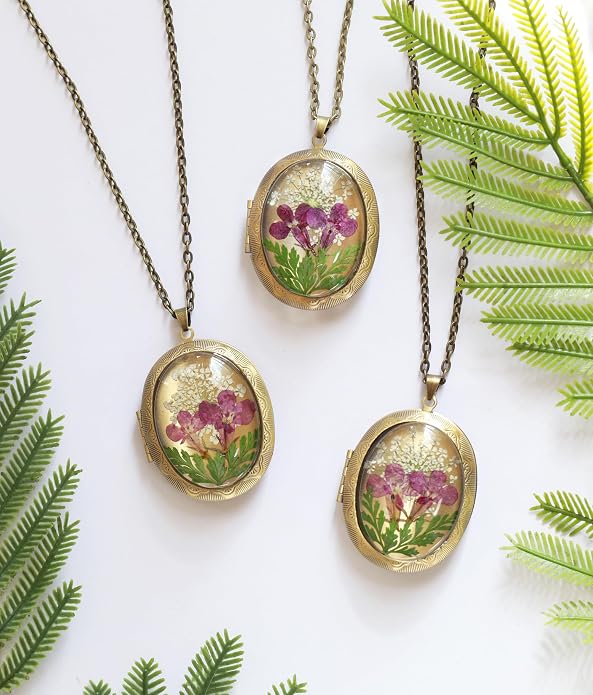 Handmade Oval Shaped Photo Locket with dried Pressed Flowers Locket pendant Necklace