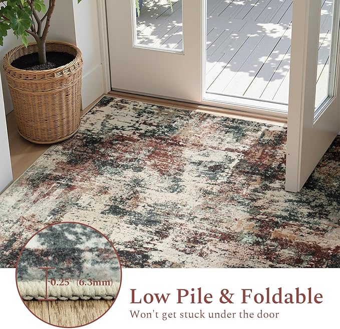Rugflix 8x10 Area Rugs for Living Room, Washable Large Rug Stain-Resistant Low Pile, Modern Carpet for Dining Room Home Office Kid Room Nursery Bedroom, Rust Brown Green