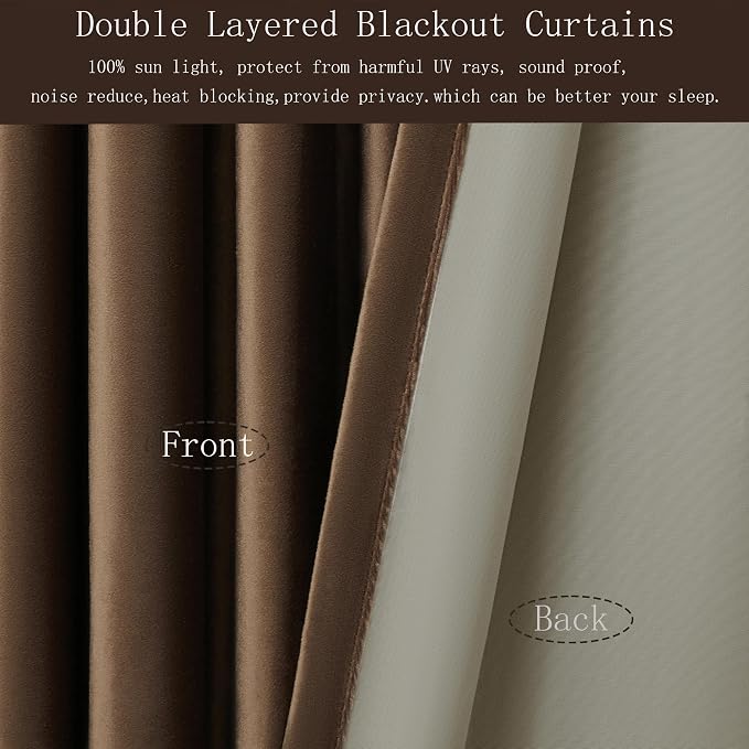 PRIMROSE Full Blackout Brown Velvet Curtains 102 inch Long for Living Room,2 Panles Liner Rod Pocket Back Tab Thermal Window Curtains Room Darkening Heavy Curtain Drapes for Bedroom