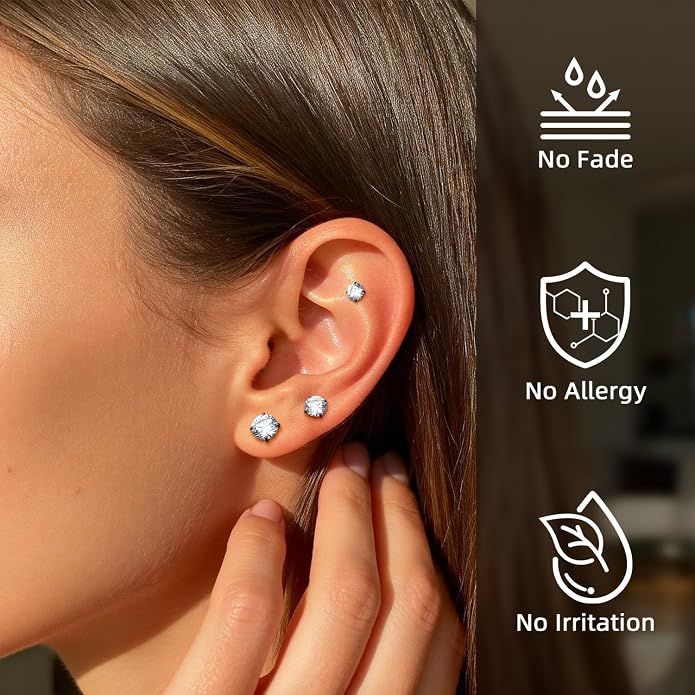 XUU Flat Back Stud Earrings, Implant Grade Titanium Earrings Set for Women, Hypoallergenic 20G Screw Back Earrings for Sensitive Ears, 3–6mm CZ Crystal, Gold Silver Black