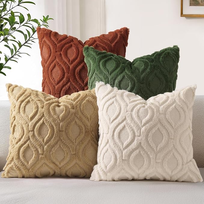 decorUhome Green Rust Faux Fur Soft Throw Pillow Covers 18x18 Set of 4 | Fall Neutral Decorative Plush Couch Pillow Covers, Accent Modern Farmhouse Neutral Pillow Cases for Sofa Bed Living Room
