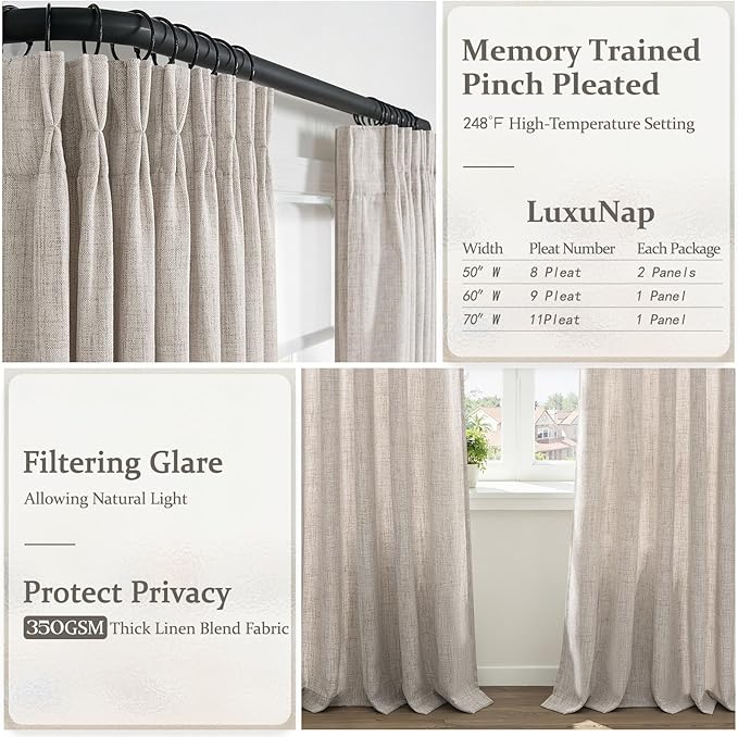 Taupe Memory Trained Pinch Pleated Linen Semi Sheer Curtains 96 Inches Long