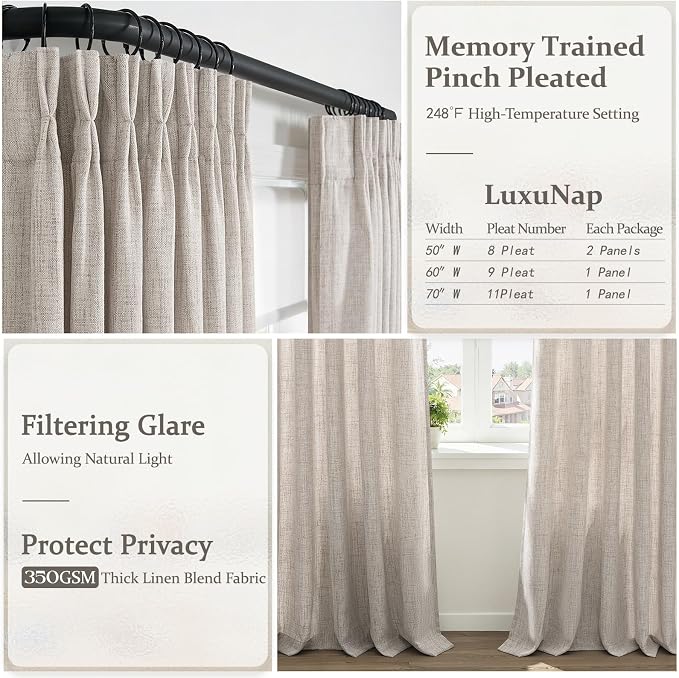 Extra Long 132 Inch Greyish Brown Pleated Thick Linen Sheer Large Curtains