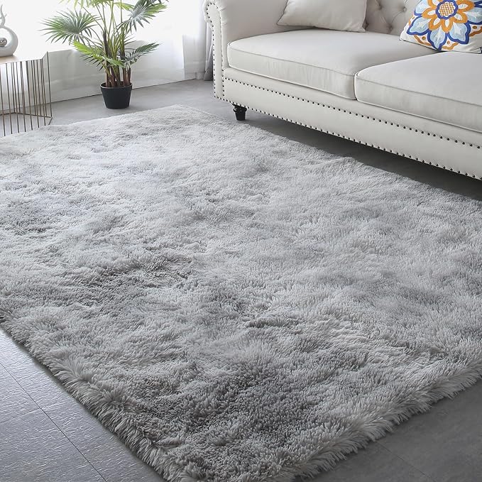 Living Room Shag Area Rug 8x10 - Soft Non-Slip Carpet Tie-Dyed Light Gray | Modern Grey Style: Cool Neutral Grey Complements Any Sofa, Furniture Or Decor - A Timeless Choice For Any Living Space