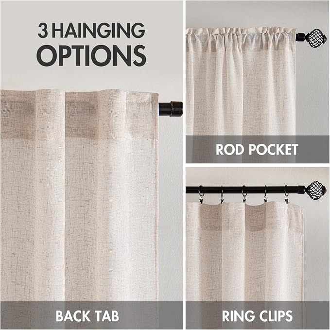 MIULEE Natural White Linen Curtains 105 Inch Length 2 Panels for Bedroom Living Room, Soft Thick Linen Textured Window Drapes Semi Sheer Light Filtering Back Tab Rod Pocket Burlap Look Decor