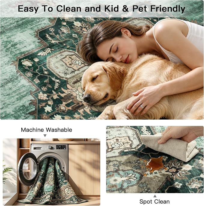 Lofus 8x10 Emerald Green Washable Rugs Non-Slip, Vintage Floral Area Rug for Living Room Bedroom Dining Room Kitchen, Low Pile Distress Print Medallion Carpet Home Decor Rug