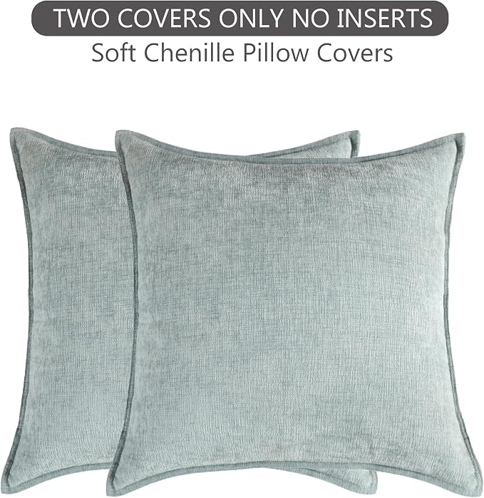 Stellhome Pack of 2 Soft Textured Throw Decorative Pillow Covers Square Accent Solid Chenille Cushion Cover Cozy Farmhouse Pillow Case for Couch Sofa Bedroom Living Room 22x22 Inch, Aqua Haze