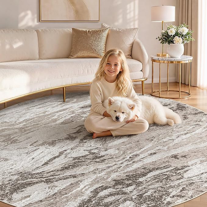 Area Rugs for Living Room: 6ft Round Abstract Washable Rug Modern Neutral Large Soft Stain Resistant Non-Slip for Bedroom Dining Room Indoor Home Office Carpet - Brown