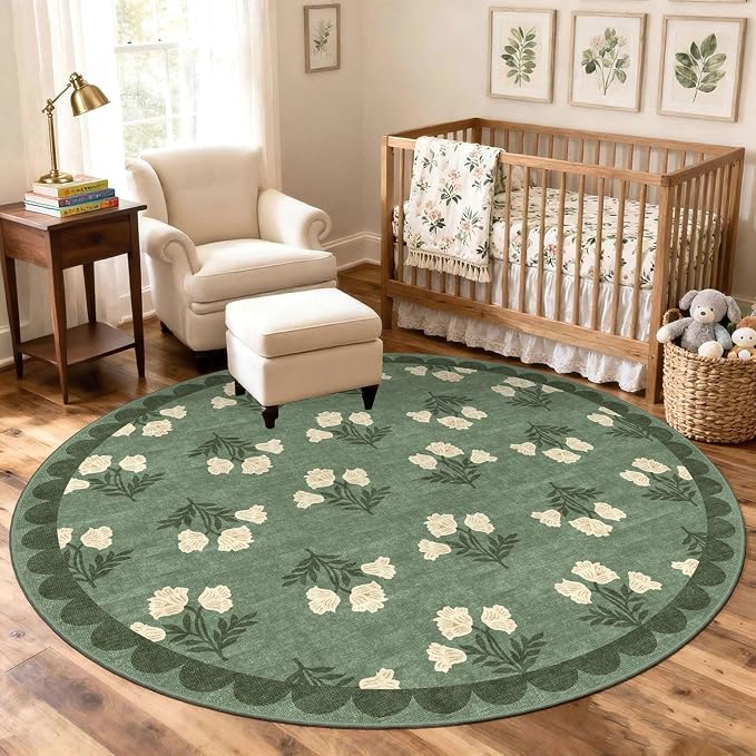 Sage Green 6ft Round Area Rug for Living Room - Large Washable Floral Boho Farmhouse Scalloped Circle Rug for Bedroom Stain Resistant Dining Room Rugs for Under Table Soft Non-Slip Nursery Rug