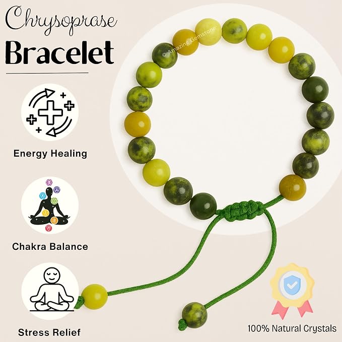 Amazing Gemstone Chrysoprase Bracelet, Gifts for Men & Women - Protection Healing Crystal Bracelet - 8mm Gemstone Beaded Adjustable Bracelet, Pulseras para Hombres Mujer Stocking Stuffers