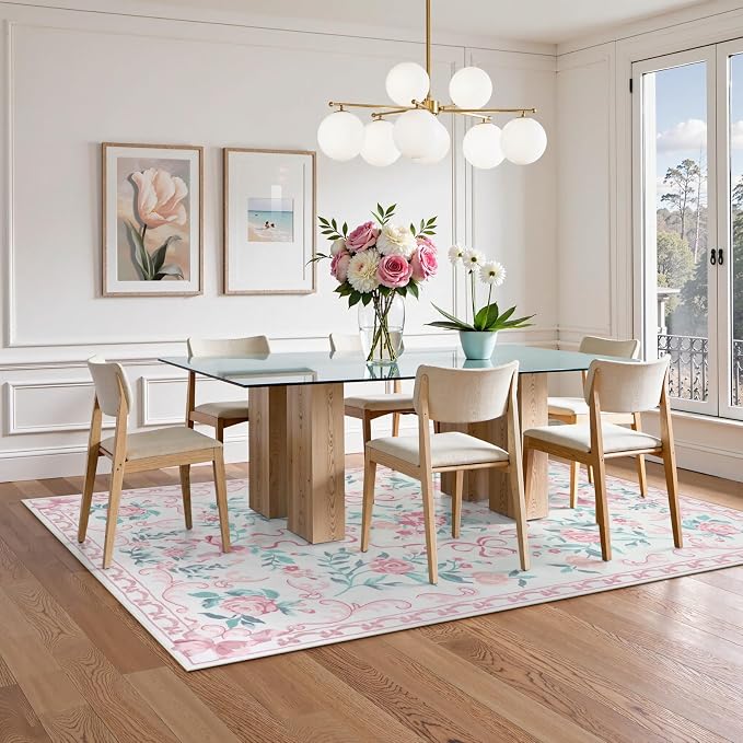 Collive Pink Floral Rugs for Bedroom Girls, 5x7 Bow Nursery Rug for Dorm Washable Area Rug for Living Room, Cute Ultra-Thin Non Slip Indoor Decor Carpet for Kids Room Playroom (Pink 5' x 7')