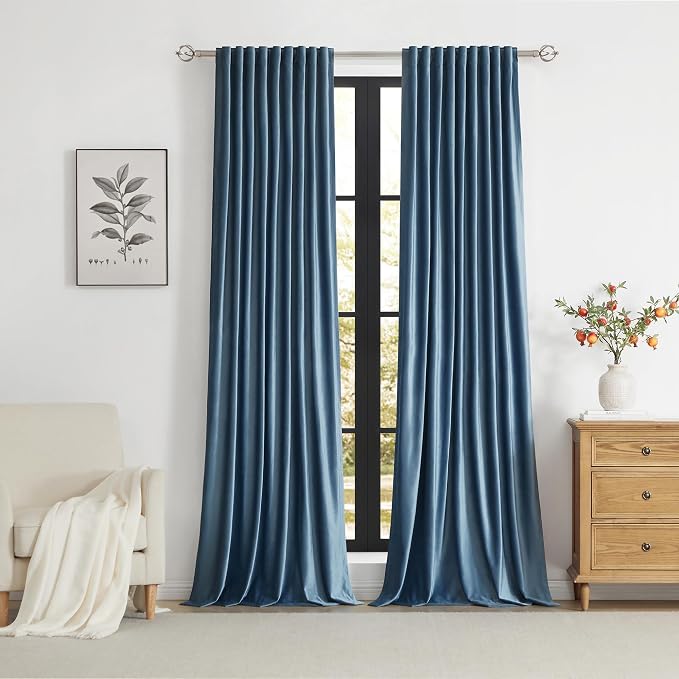 PRIMROSE Velvet Curtains 63 inch Long for Living Room,Set of 2 Panels Stone Grayish Blue Blackout Rod Pocket Back Tab Window Treatment Room Darkening Heavy Decorative Curtains Drapes for Bedroom