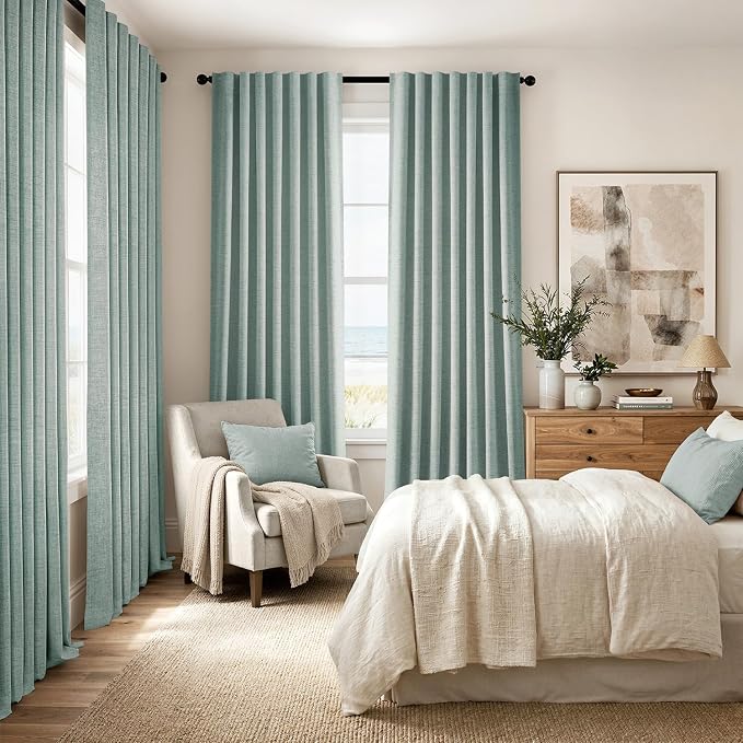 MIULEE 100% Blackout Linen Curtains 42 x 90 Inch Seafoam Green 2 Panels | Thermal Insulated, Room Darkening Drapes for Bedroom Living Room, Back Tab Rod Pocket Pinch Pleated, Solid Luxury Decor