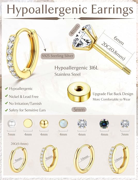 Jstyle Hypoallergenic Stud Hoop Earrings for Women Small Flat Back Surgical Stainless Steel Earrings for Sensitive Ears Trendy Silver Hoops Cartilage Earring Stacks Set Multiple Piercing Jewelry Gifts