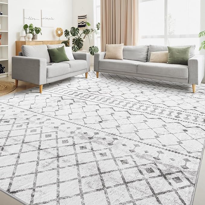 Lessymo 8 x 10 Area Rugs for Living Room, Machine Washable Rugs Neutral Faux Wool Modern Geometric Moroccan Distressed Rug with Non-Slip Rubber, Geometric Grey