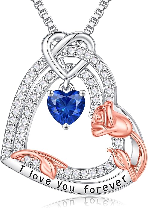 Gifts for Mom 925 Sterling Silver Birthstone Necklace for Women, Heart & Rose Design Birthday Gifts for Mom Wife Her