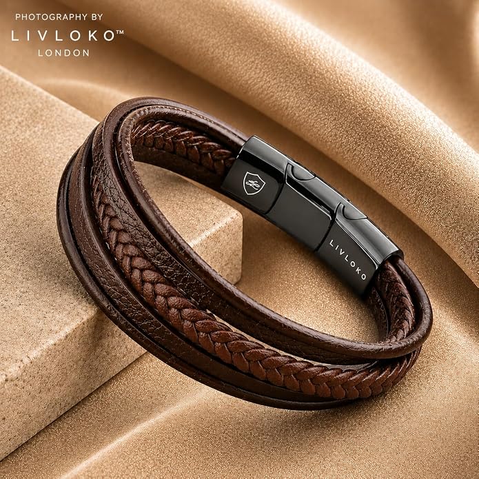 LONDON Mens Bracelet Leather Black Multi-Layer Stone Beads Adjustable Steel Clasp Viking Rope Bands Surfer Man Wristband Male UK Jewellery Gift box Boyfriend Dad Son Brother Tiger Eye