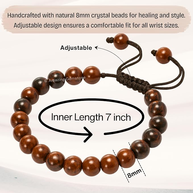 Amazing Gemstone Mahogany Obsidian Bracelet for Women Men's Gifts - Protection Healing Crystal Bracelet - 8mm Gemstones Beaded Adjustable Bracelet Pulseras para Hombres Mujer Stocking Stuffers