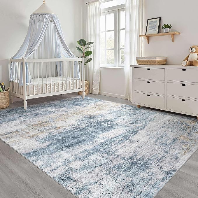 9x12 Area Rug Living Room: Washable Large Neutral Rugs Abstract Soft Modern Stain Resistant Indoor Floor Non-Slip Carpet for Bedroom Nursery Kids Office Playroom Dining Room Under Table- Blue Gold