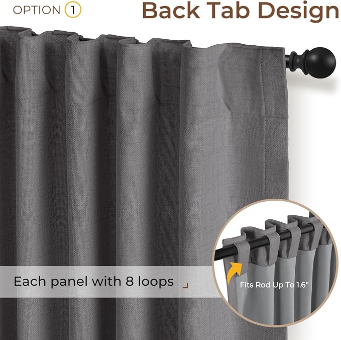 INOVADAY 100% Blackout Curtains 108 Inches Length 2 Panels Set, Back Tab/Rod Pocket Linen Black Out Curtains for Bedroom, Thermal Insulated Window Drapes - Dark Grey, W50 X L108