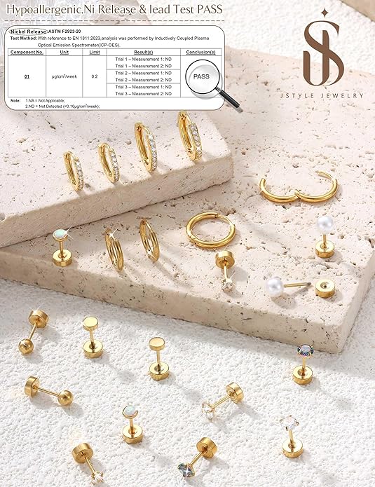 Jstyle Hypoallergenic Stud Hoop Earrings for Women Small Flat Back Surgical Stainless Steel Earrings for Sensitive Ears Trendy Silver Hoops Cartilage Earring Stacks Set Multiple Piercing Jewelry Gifts