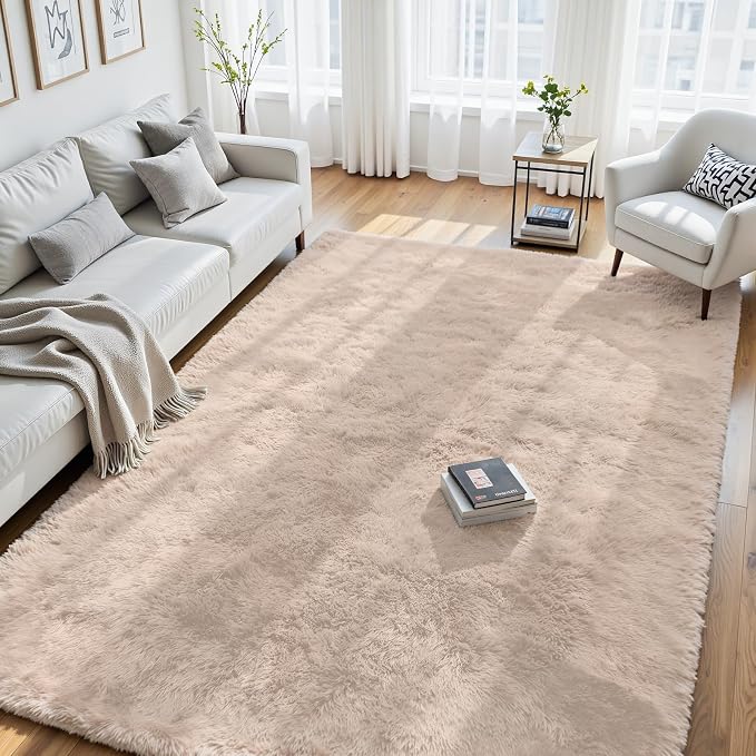6x9 Area Rug for Living Room, Ultra Soft Fluffy Beige Rugs for Bedroom, Non Slip Large Shag Carpet, Fuzzy Plush Nursery Rug, Thick Washable Indoor Floor Carpets for Kids Office Dorm Home Decor