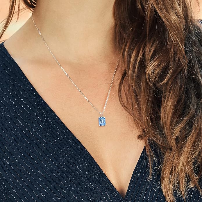 Gem Stone King Emerald Cut Pendant Necklace For Women | 925 Sterling Silver | Emerald Cut 9X7MM | Gemstone Birthstone | Fine Jewelry for Her Mom Wife | With 18 Inch Silver Chain