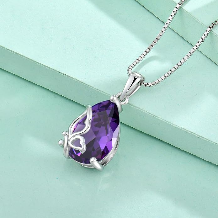 Teardrop Necklace 925 Sterling Silver Butterfly Pendant Necklace Birthstone Jewelry for Women