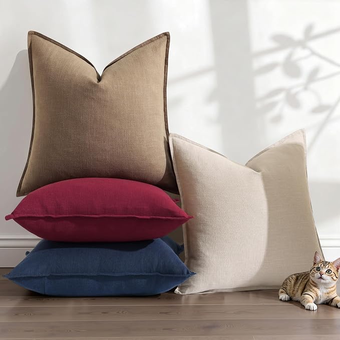 decorUhome Fall Light Brown Linen Throw Pillow Covers 18x18 Set of 2 | Decorative Soft Cozy Modern Farmhouse Boho Accent Pillow Cases with Flange Edges for Couch Bed Sofa Living Room Home Decor