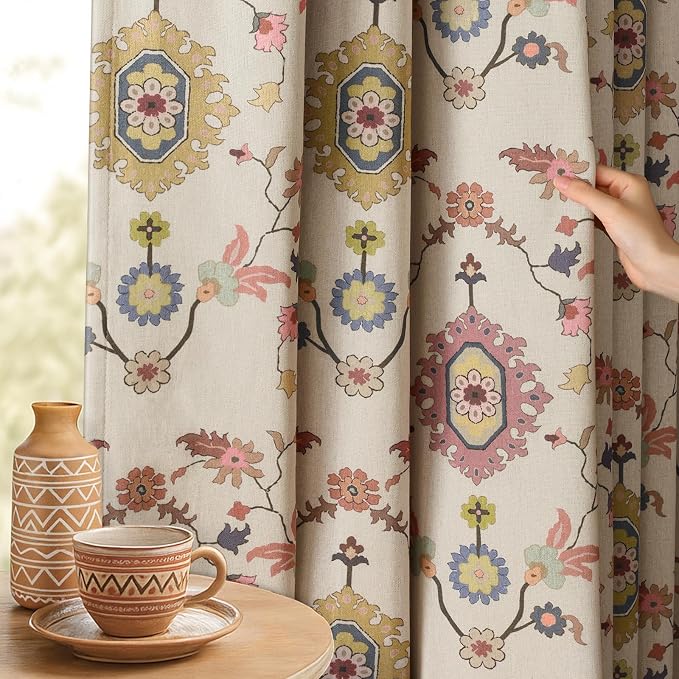 Boho Floral Blackout Curtains for Living Room, Beige Linen Textured Drapes with Colorful Bohemian Print 63 Inches Long 2 Panels Set Vintage Farmhouse Rustic Window Curtains Grommet Top