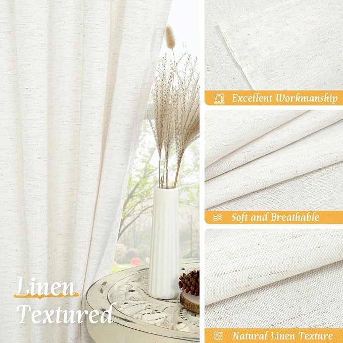 LAMIT Light Filtering Linen Curtains 54 Inches Long for Bedroom, Natural Ivory Soft Faux Linen Textured Panels Rod Pocket Neutral Drapes for Window/Loft Room, 42 x 54 Inch, 2 Panels