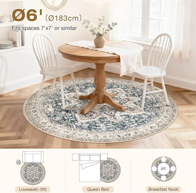 Tortania 6' Round Area Rug Living Room Rugs - Washable Boho Rug Vintage Oriental Distressed Farmhouse Large Thin Indoor Carpet for Bedroom Under Dining Table Home Office - Cream/Blue