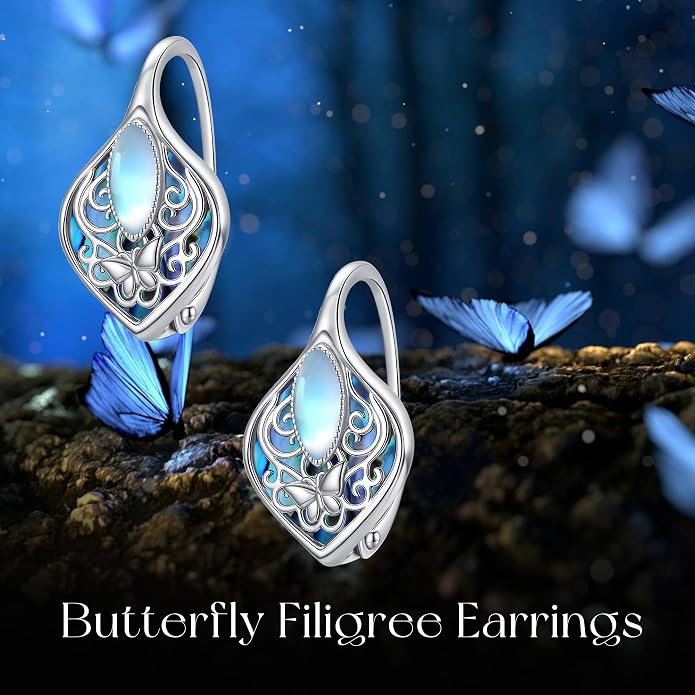Moonstone Abalone Shell Earrings 925 Sterling Silver Dragonfly/Hummingbird/Butterfly/Lotus/Filigree Hoop Leverback Earrings Jewelry Gifts for Women
