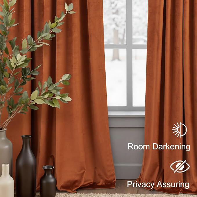 Terracotta Velvet Curtains 84 Inch Length 2 Panels Set Back Tab Luxury Boho Blackout Curtain for Living Room Bedroom Thermal Insulated Soft Window Drapes Brick Rust Orange Bohemian Fall Decor 7FT Long