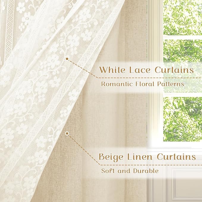 ASPMIZ Linen Kitchen Curtains 24 Inch Length, Double Layered Window Curtain 2 Panel Sets Rod Pocket Short Curtains for Kitchen, Farmhouse Window Treatment Tiers for Bathroom, Cafe, Beige