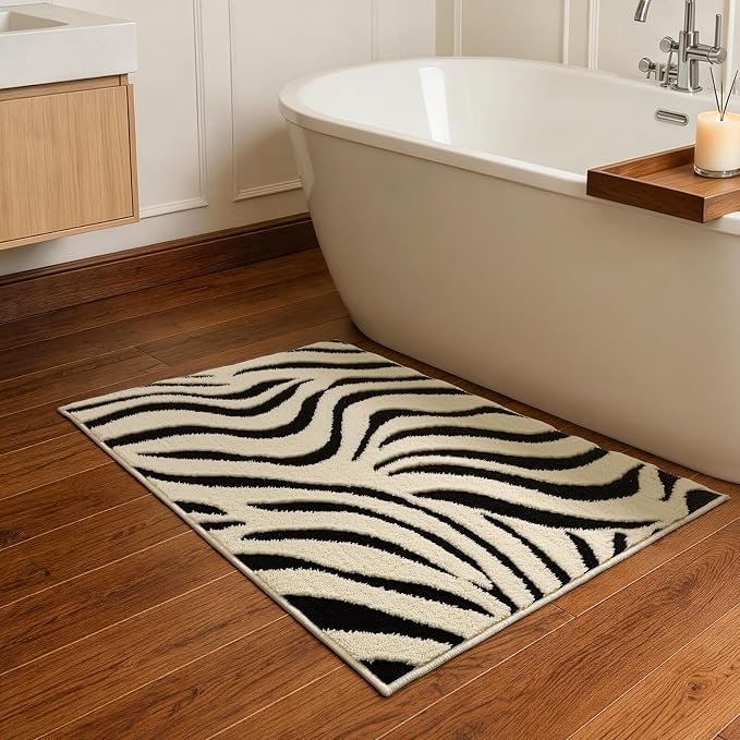 YIHOUSE 2×3 Ft Entryway Rugs: Washable Zebra Striped Small Rug - Modern Black and Cream White Rug for Indoor Entrance Bedroom Bathroom Home Decor - Nonslip Non-Shedding Carpet