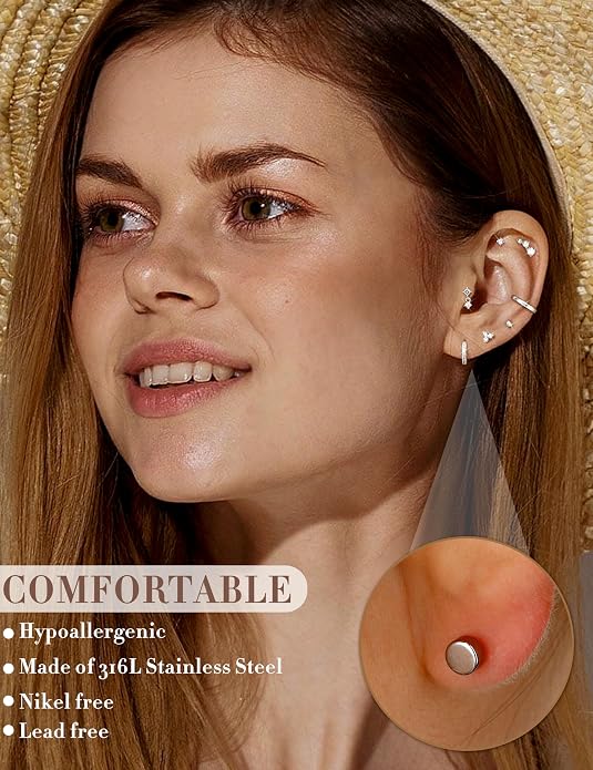 Florideco Small Stud Hoop Earrings for Women Hypoallergenic 14K Gold Plated Surgical Stainless Steel Flat Back Earrings Dainty Hoop Stud Earring Stacks Cartilage Earring Set for Multiple Piercing