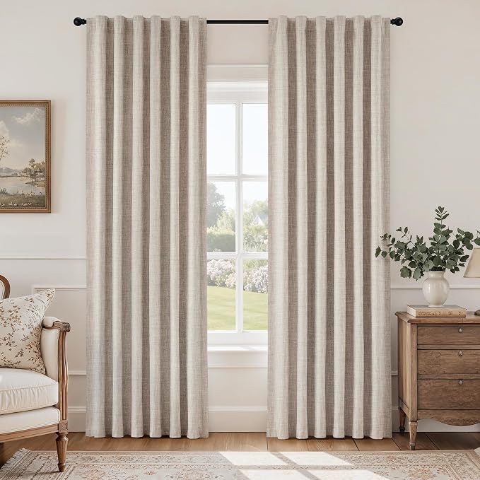 HOMEIDEAS 100% Blackout Faux Linen Curtains,Beige Modern Farmhouse Winter Boho Curtains 63 Inches Long 2 Panels, Rod Pocket & Back Tab for Vintage Living Room,Bedroom Decor
