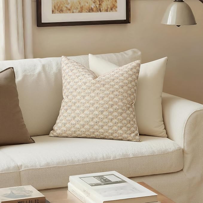 MIULEE Set of 2 Decorative Floral Pillow Covers Neutral Vintage Throw Pillows Block Print Boho Farmhouse Cushion Covers for Spring Home Decor Couch Sofa Bed Living Room, 18x18 Inch, Cream Oatmea