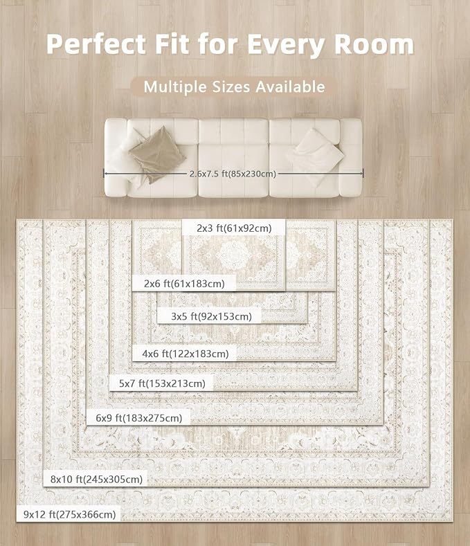 Vintage Living Room Area Rug - 5x7 Large Machine Washable Boho Moroccan Rug Distressed Farmhouse Rugs for Bedroom - Soft Non-Slip Indoor Carpet for Dining Room Office Nursery(Boho Beige, 5'x7')