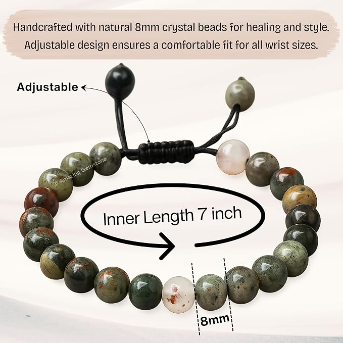 Amazing Gemstone African Bloodstone Bracelet for Women Men's Gifts - Protection Healing Crystal Bracelet - 8mm Gemstone Beaded Adjustable Bracelet Pulseras para Hombres Mujer Stocking Stuffers
