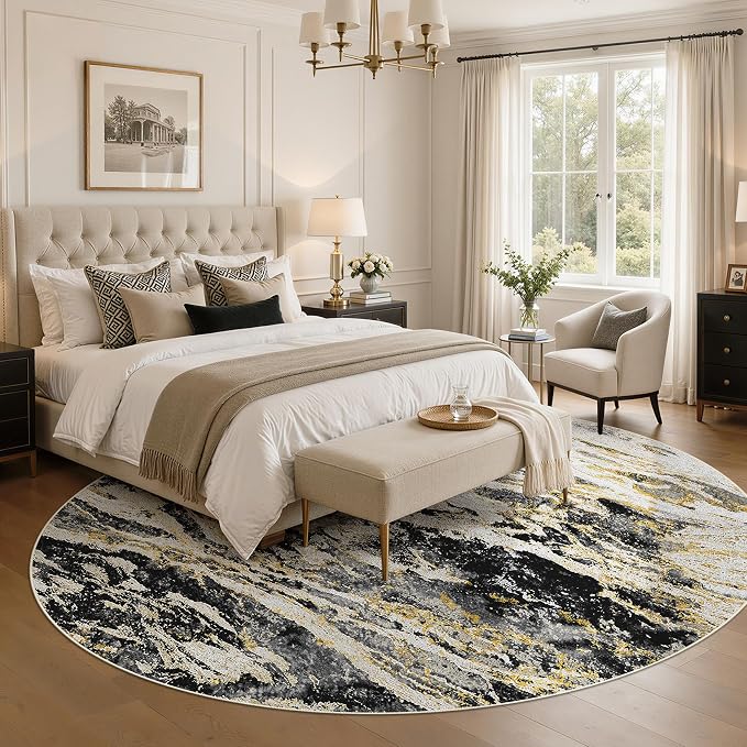 Area Rugs for Living Room: 10ft Round Abstract Washable Rug Modern Neutral Large Soft Stain Resistant Non-Slip for Bedroom Dining Room Indoor Home Office Carpet - Black Gold
